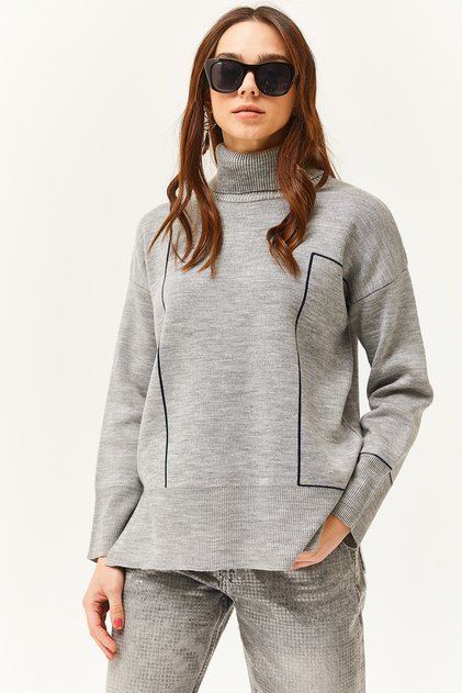 Women's Gray Turtleneck Stripe Detailed Knitwear Sweater KZK-19000791
