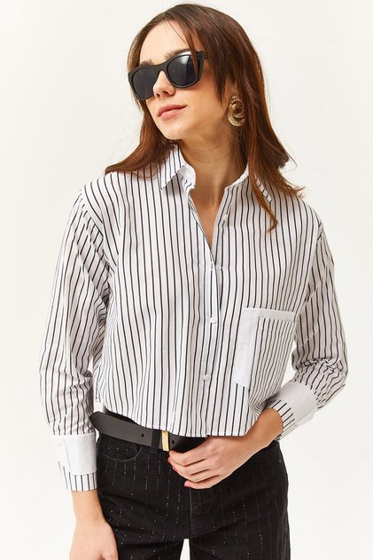 Women's White Black Pocket and Cuff Detailed Striped Crop Shirt GML-19001169