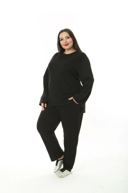 Women's Large Size Plain Black Long Sleeve Tracksuit Set with Two Thread Pockets