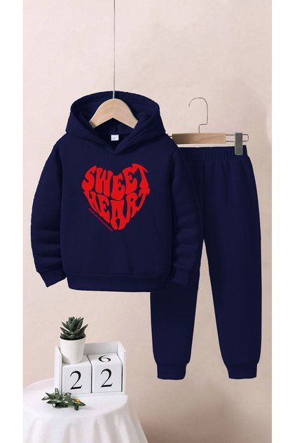Children's Navy Blue Sweet Heart Top and Bottom Tracksuit Set