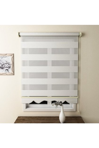 PLİSELİ EKRU STOR ZEBRA PERDE ETEK DİLİMLİ