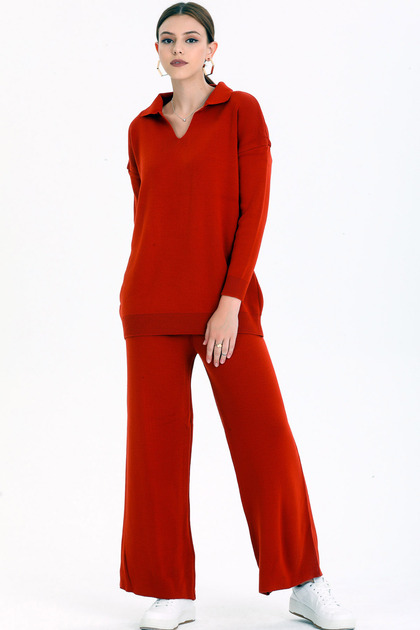 V Polo Neck Long Sleeve Sweater Elastic Waist Straight Leg Trousers Knitwear Basic Seasonal Double Set