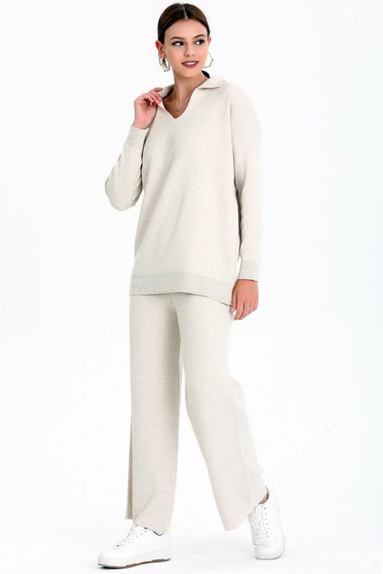 V Polo Neck Long Sleeve Sweater Elastic Waist Straight Leg Trousers Knitwear Basic Seasonal Double Set