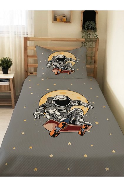 Skateboarder Astronaut Patterned Baby and Child Single Pique Set 160 X 220 cm Gray