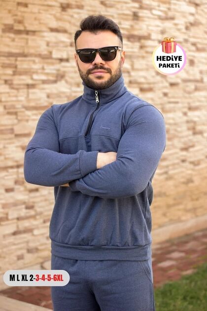 Indigo Blue Oversize Large - Regular Size Half Zipper Men's Tracksuit Set 21eestyakt