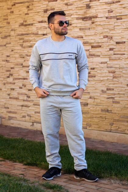 Men's Light Gray Comfortable Fit Embroidery Detailed Sweat Tracksuit Set 21eestbakt