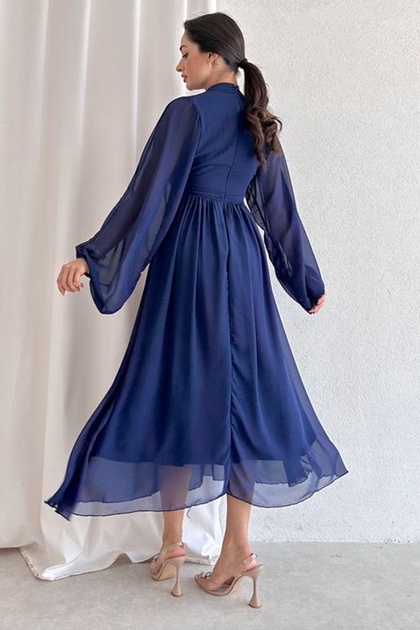 vuvutasarm Flared Cut Lined Chiffon Fabric Stand Collar Long Sleeve Midi Length Navy Blue Chiffon Dress 078- Trendyol vuvutasarm Flared Cut Lined Chiffon Fabric Stand Collar Long Sleeve Midi Length Navy Blue Chiffon Dress 078- Trendyol