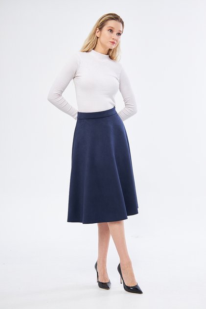 Midi Length Suede Flared Skirt Navy Blue