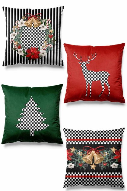 Double Sided Printed Checkerboard Christmas Patterned 4-Piece Suede Throw Pillow Cover for New Year and Christmas
