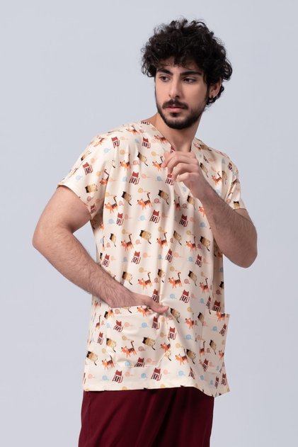 Pios Men's String Cat Patterned Lycra Uniform-Scrubs-Single Top