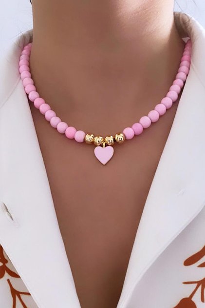 Heart Pendant Glass Bead Necklace