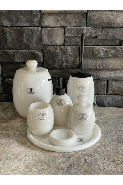 New Oval Model Marble Bathroom Set with Marble Handles Polenstone