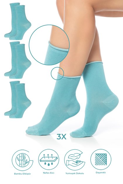 Bamboo Women's Elasticless Water Green Socket Seamless Premium Socks 3 Pack / Non-Marking / Non-Squeezing Socks