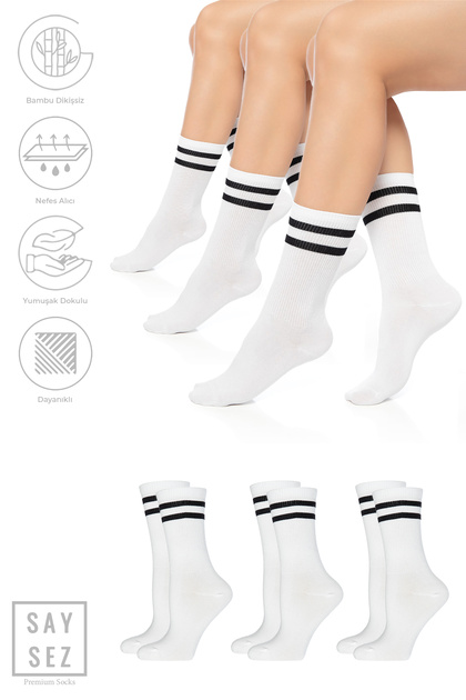 Bambu Unisex Tenis Kolej Çizgili Premium Beyaz Dikişsiz Soket Çorap 3'lü Paket