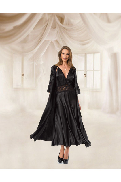 AMATERAS Moonlit Satin Pajama セット MH Moony Homewears Siyah Saten Lüks Uzun Gecelik Sabahlık Çeyiz