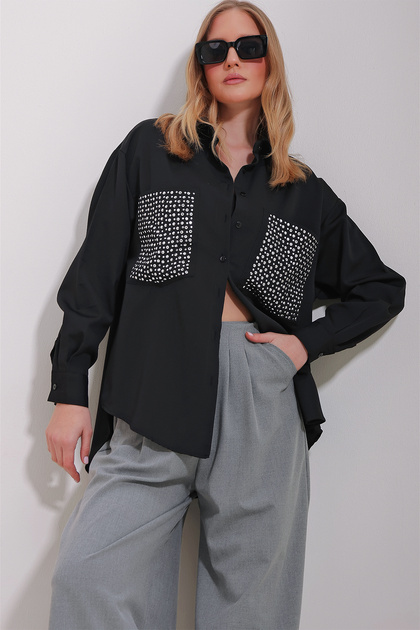 Women's Black Double Pocket Troc Embroidered Terrycotton Oversize Shirt ALC-X11531