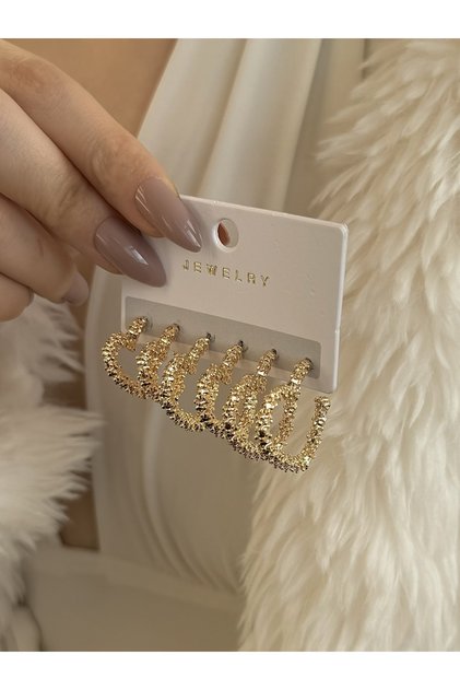 Gold serrated heart 3 pairs set earrings