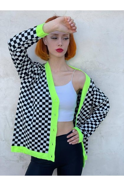 Neon Green Striped Checkered Knitwear Cardigan