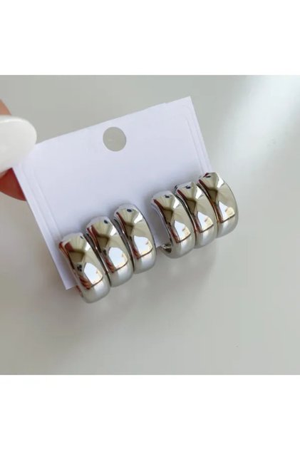 Women's Premium 3 Rows Silver Color Curved Earrings