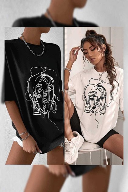 Siyah Yüz 2'li Oversize Beyaz Yüz Oversize Tişört