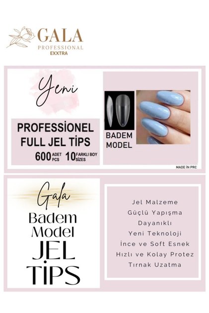 Full Jel Tips Badem Içi Törpülü 600 Lü 10 Farklı Boy Gala Protez Jel Tırnak Tipsi Kapsül Yeni Nesil