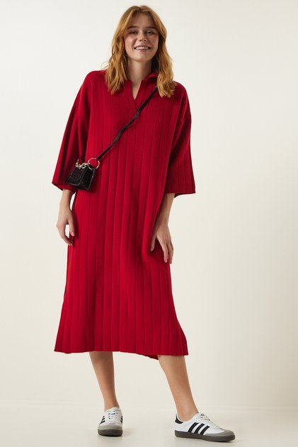 Rochie de tricotaj oversize cu guler polo roșu pentru femei YY00178
