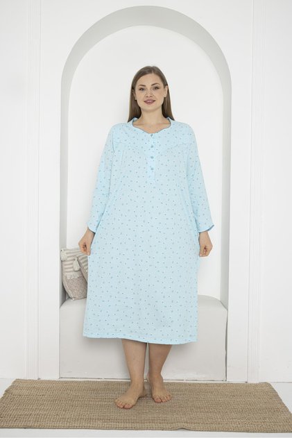 Long Sleeve Button Collar 100% Cotton Combed Plus Size Mother's Nightgown 933
