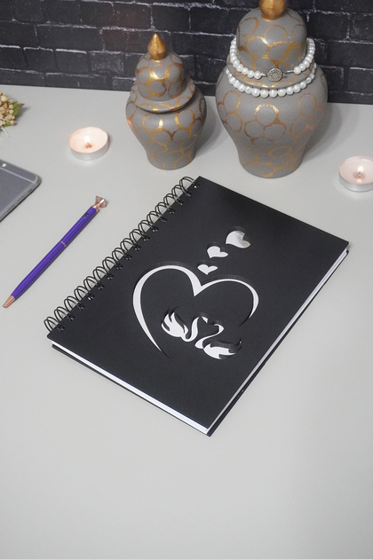 Swan Love Design Black Wooden Cover Notebook - Agenda - Diary - Unlined Notebook - Gift for Lover