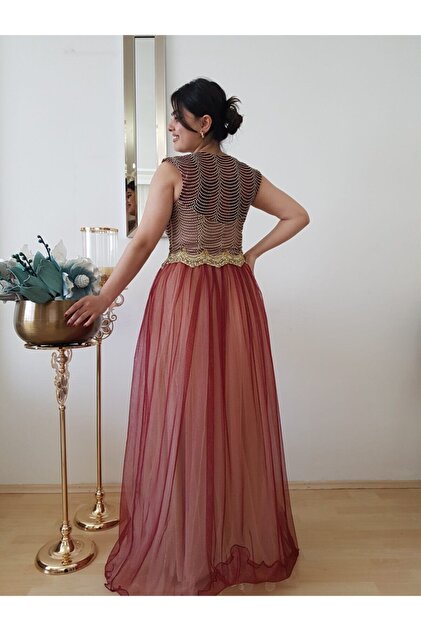 FERGAN Women's Burgundy Gold Detailed Design Princess Engagement Evening  Dress- Trendyol