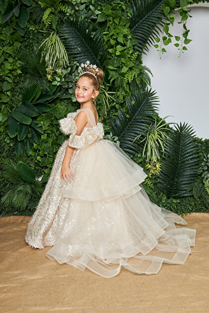 zhre balaban cream sequin wedding dress female child evening dress-  Trendyol
