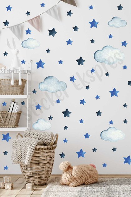Lacivert Mavi Bulut Ve Yıldızlar Tamamlayıcı Ürün Çocuk Odası Duvar Sticker