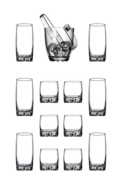 Sylvana Whiskey & Cocktail Glass & Ice Bucket Set 14 Pieces (6 Long & 6 Short & 1 Ice Container & 1 Tong)