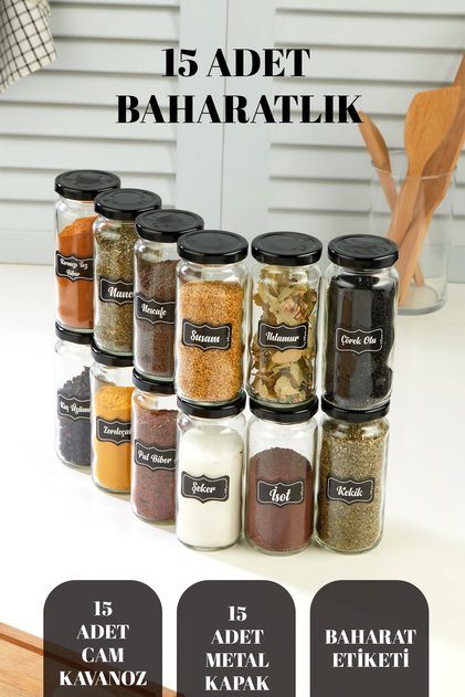 15 Pieces Glass Spice Jar 244 ml - Spice Set with Metal Lids - Spice Label Gift