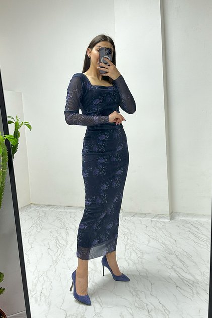 Women's Navy Blue Flower Pattern Lycra Long Sleeve Tulle Plus Size Dress