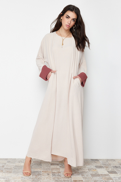 Set țesut 2 piese Aerobin Ferace/Abaya și rochie blocat de culoare piatră TCTSS24US00033