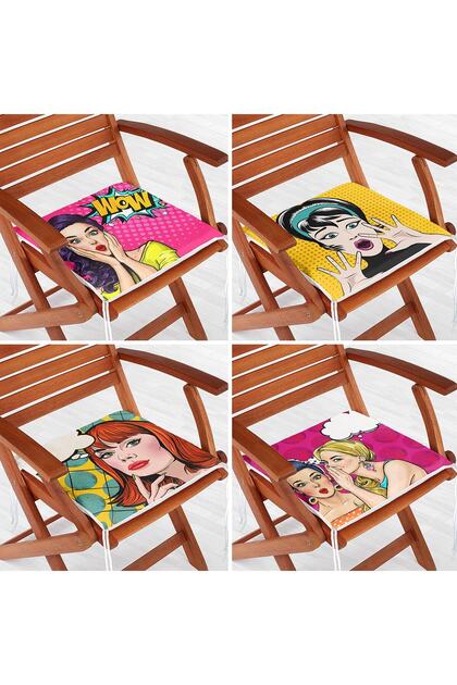 Set of 4 Pop-art Fashion Girl Zippered Chair Cushions