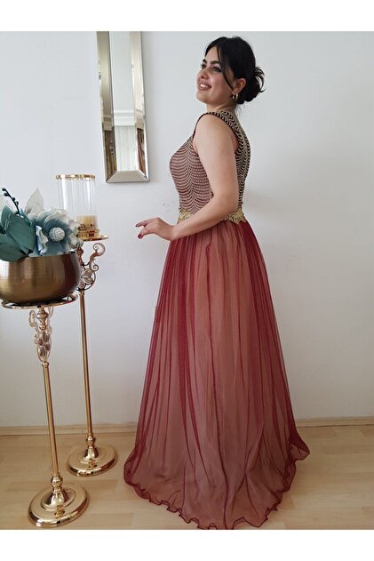 FERGAN Women's Burgundy Gold Detailed Design Princess Engagement Evening  Dress- Trendyol