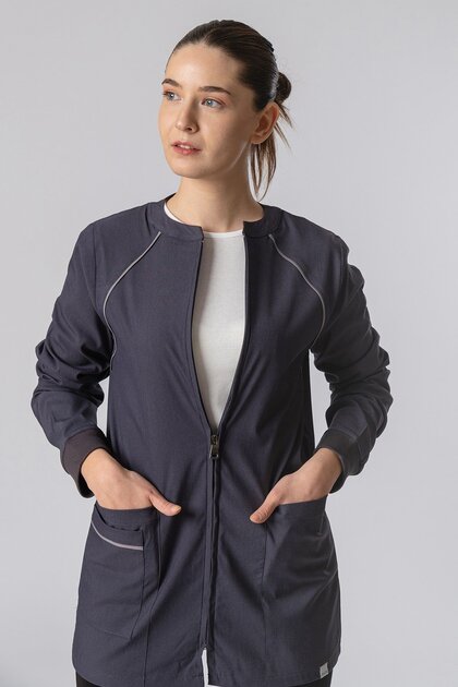 Bergama Women's Long Sleeve Anthracite Single Top Lycra - Zippered - Doctor Nurse Uniform - Scrubs