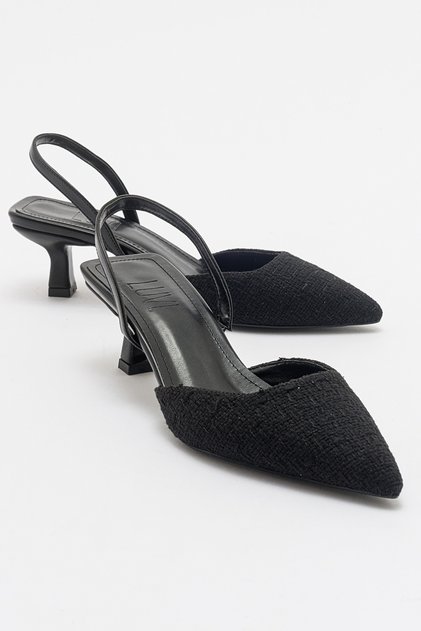 OVER Black Tweed Pointed Toe Short Heeled Women's Shoes