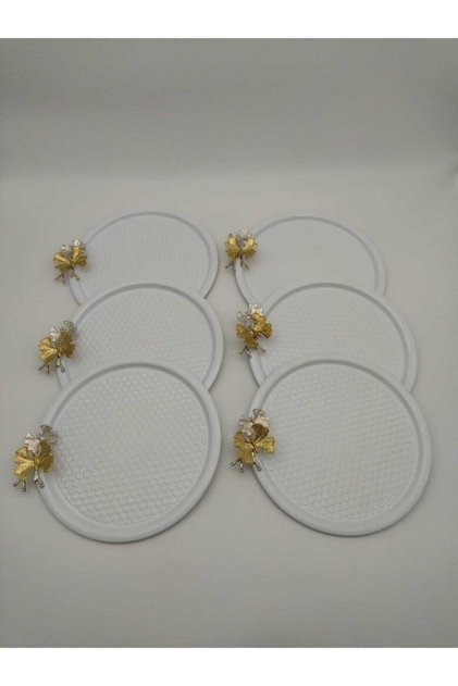 6-Piece Butterfly Round, Patterned White Presentation, Decorative Serving Tray, Tea, Cake, Coffee 23 Cm