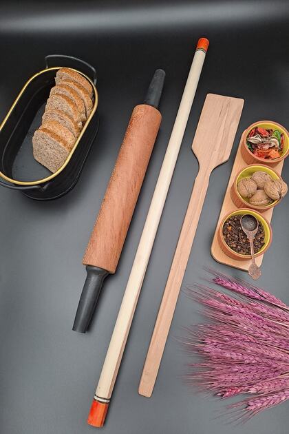 Doğal Ahşap Oklava Dönerli Merdane Spatula Seti Doğal Ahşap Gözleme Hamur Seti 3'lü Set