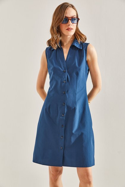 Women's Navy Blue Buttoned Polo Collar Dress 60111037