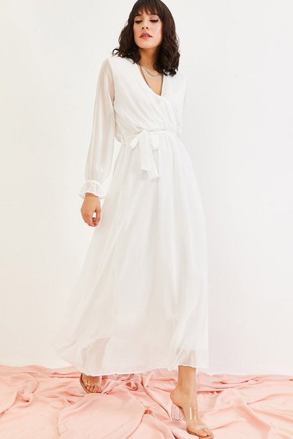 White Double-breasted Collar Lined Plus Size Chiffon Lined Dress