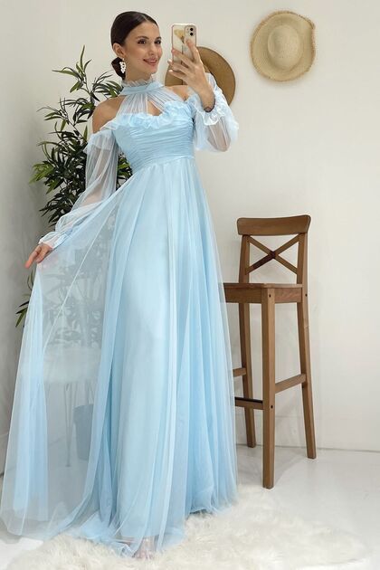 zks grup tekstil Baby Blue Tulle Draped Plus Size Evening Dress