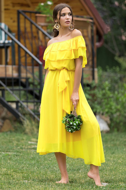 zks grup tekstil Madonna Ruffle Collar Yellow Plus Size Chiffon Dress-  Trendyol