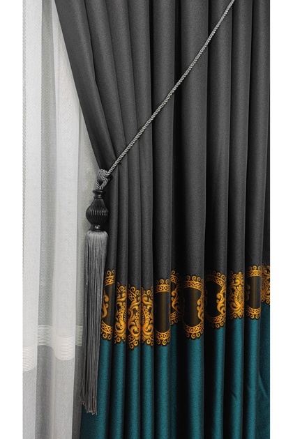Panel Background Curtain Black Petrol Green and Gold Striped Single Wing Close Pleated Jacquard Modern Patterned