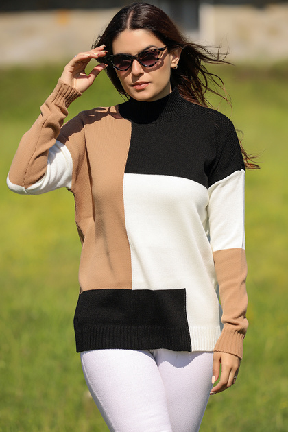 Half Turtleneck Color Blocked Intersia Knit Long Sleeve Skirt Elastic Seasonal Knitwear Sweater