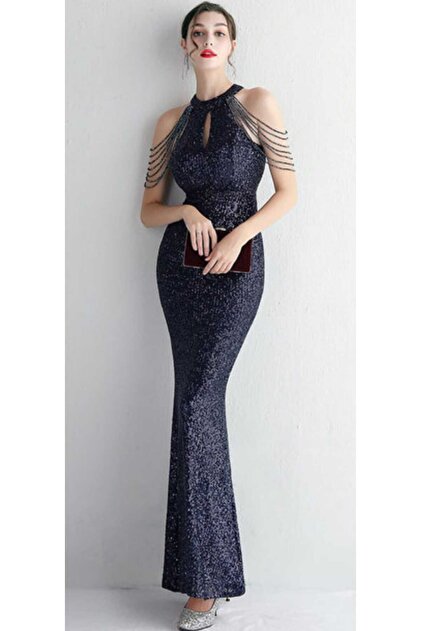 hilaltrendd Halter neckline stone design evening dress with chest window detail- Trendyol hilaltrendd Halter neckline stone design evening dress with chest window detail- Trendyol