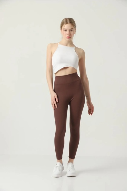 Women's Brown Fleece-Lined Ribbed Tightening Leggings