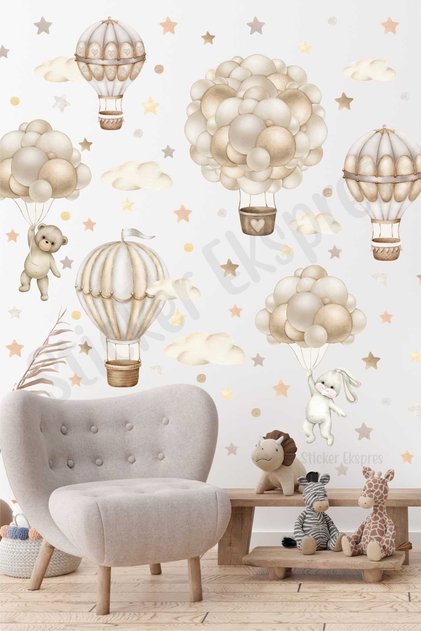 Soft Kahverengi Bej Tonlarda Uçan Balon Macerası Çocuk Odası Duvar Sticker Seti